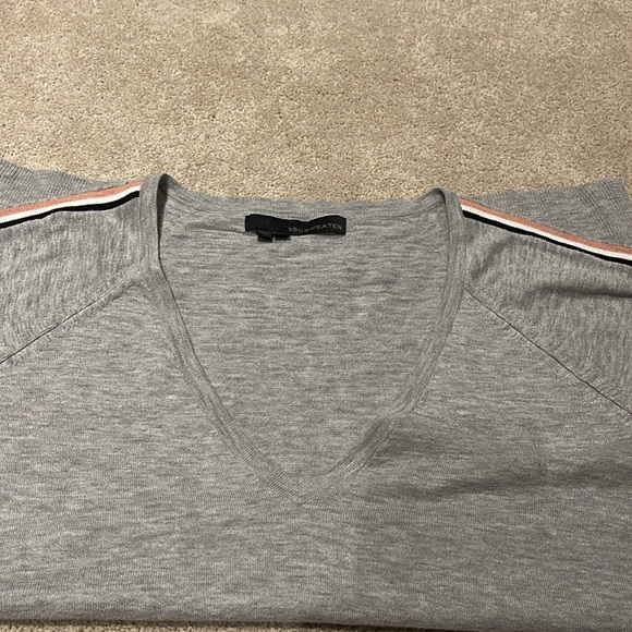 360 sweater medium grey sweater with pink white and black stripes down arms - Picture 3 of 5